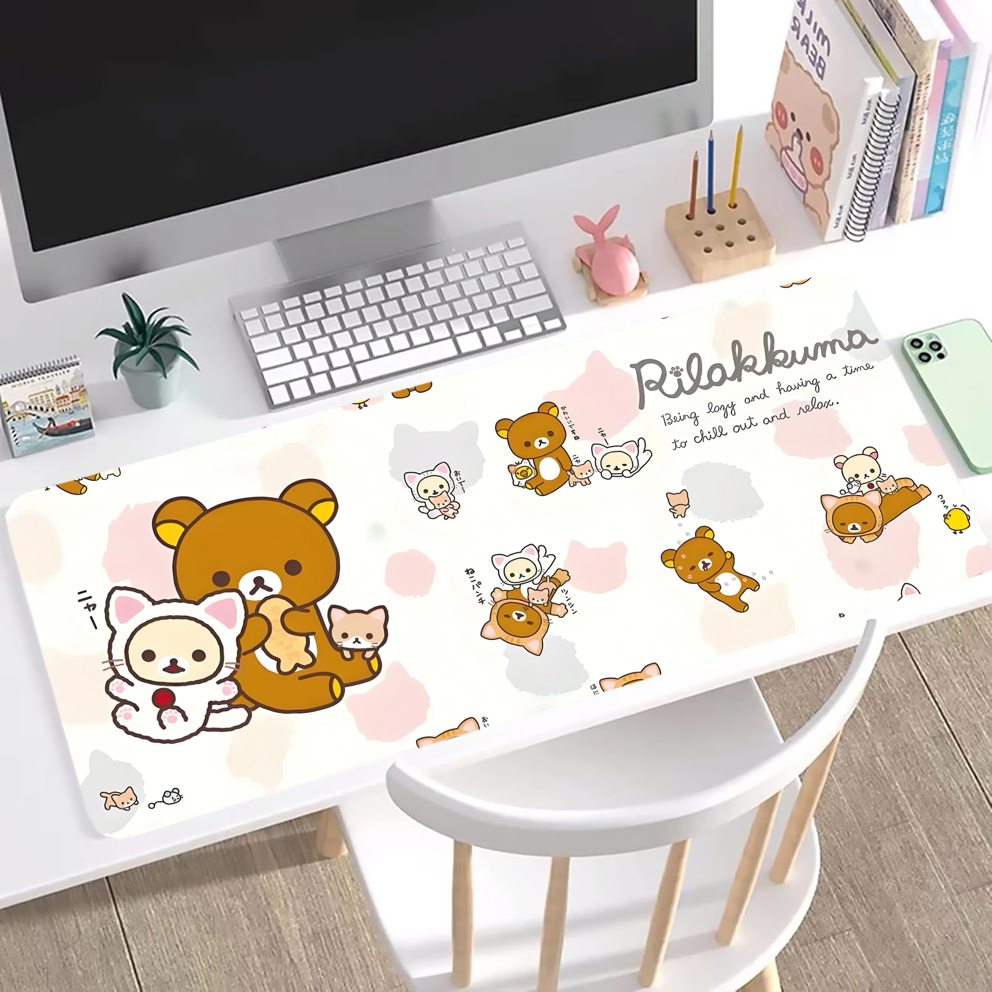 （画像用） リラックマ リラックマ キイロイトリ Rilakkuma Korilakkuma Kiiroitori ステッチ加工 大判デスクマット／滑り止めマウスパッド