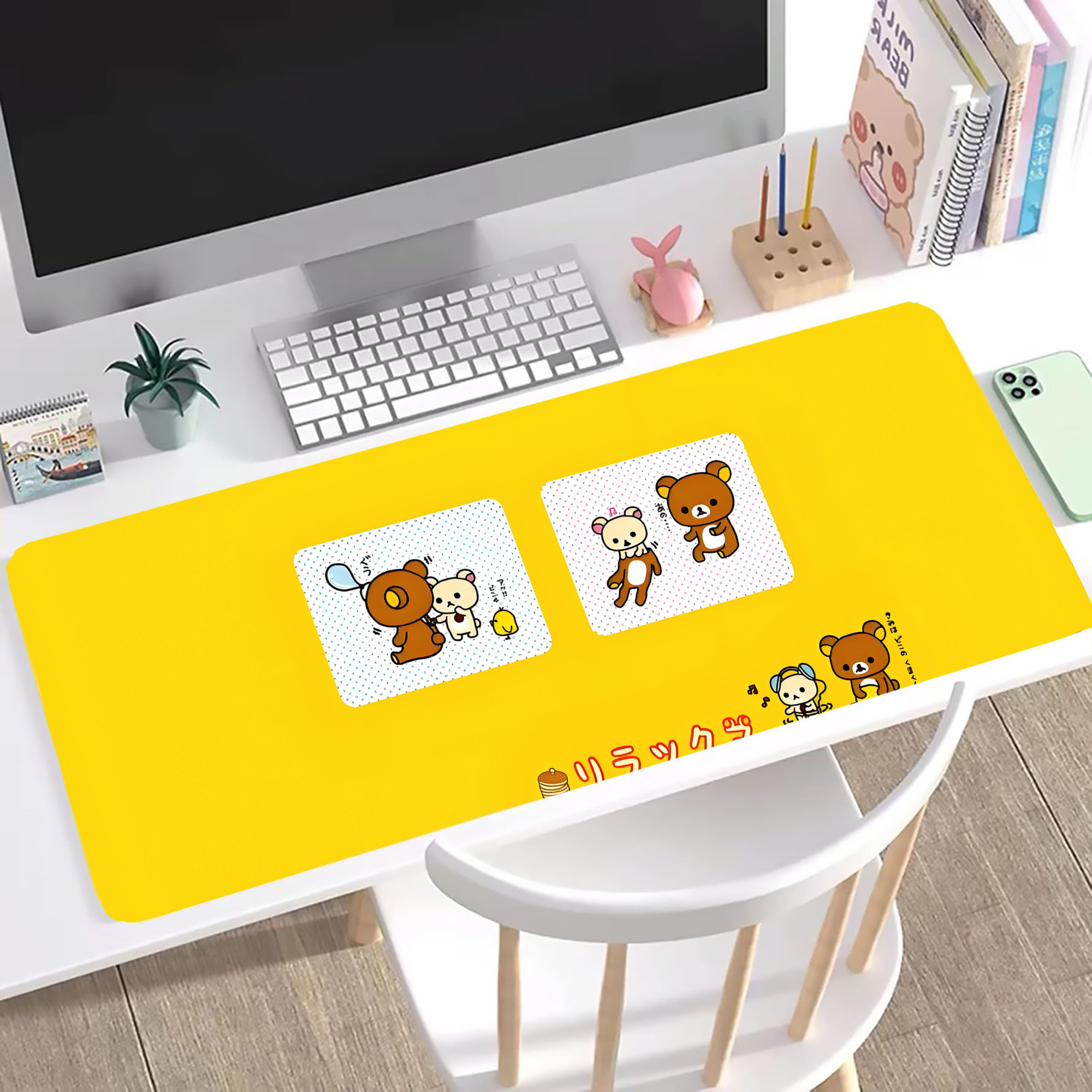 （画像用） リラックマ リラックマ キイロイトリ Rilakkuma Korilakkuma Kiiroitori ステッチ加工 大判デスクマット／滑り止めマウスパッド