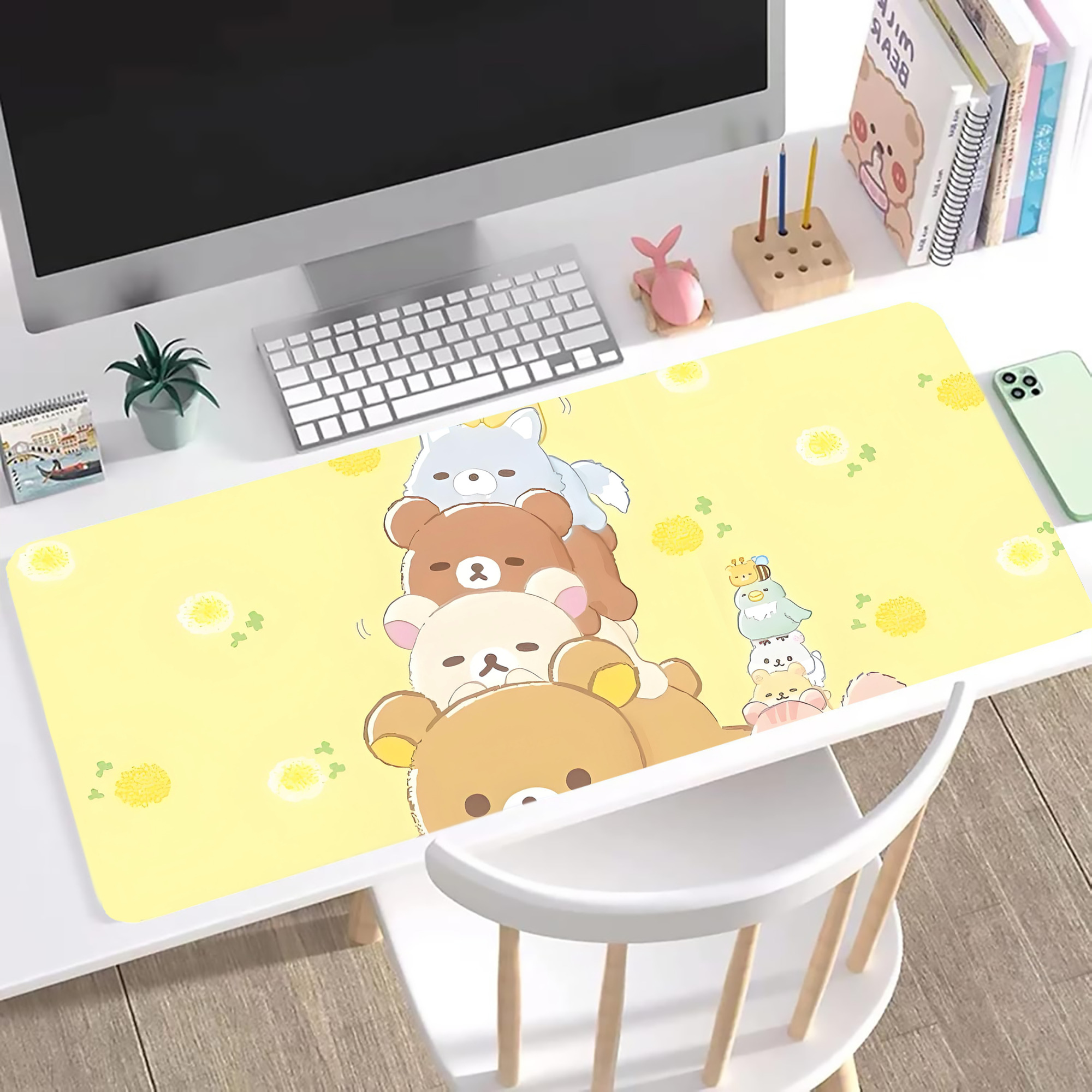 （画像用） リラックマ リラックマ キイロイトリ Rilakkuma Korilakkuma Kiiroitori ステッチ加工 大判デスクマット／滑り止めマウスパッド