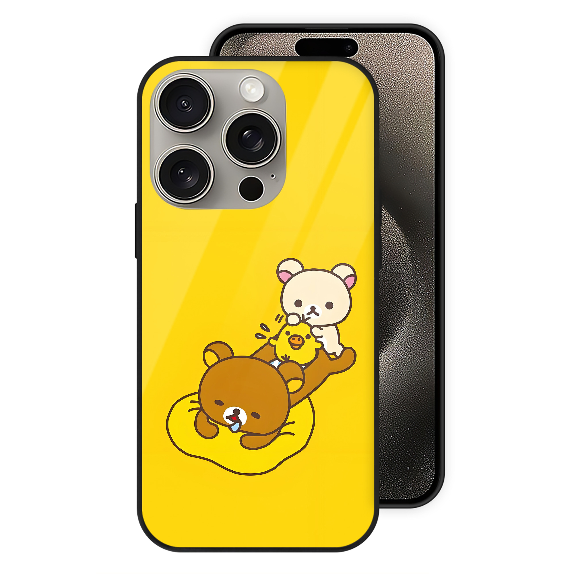 （画像用） リラックマ リラックマ キイロイトリ Rilakkuma Korilakkuma Kiiroitori 【iPhone15Pro対応】スマホケース 耐衝撃＆黄変防止 背面ガラス