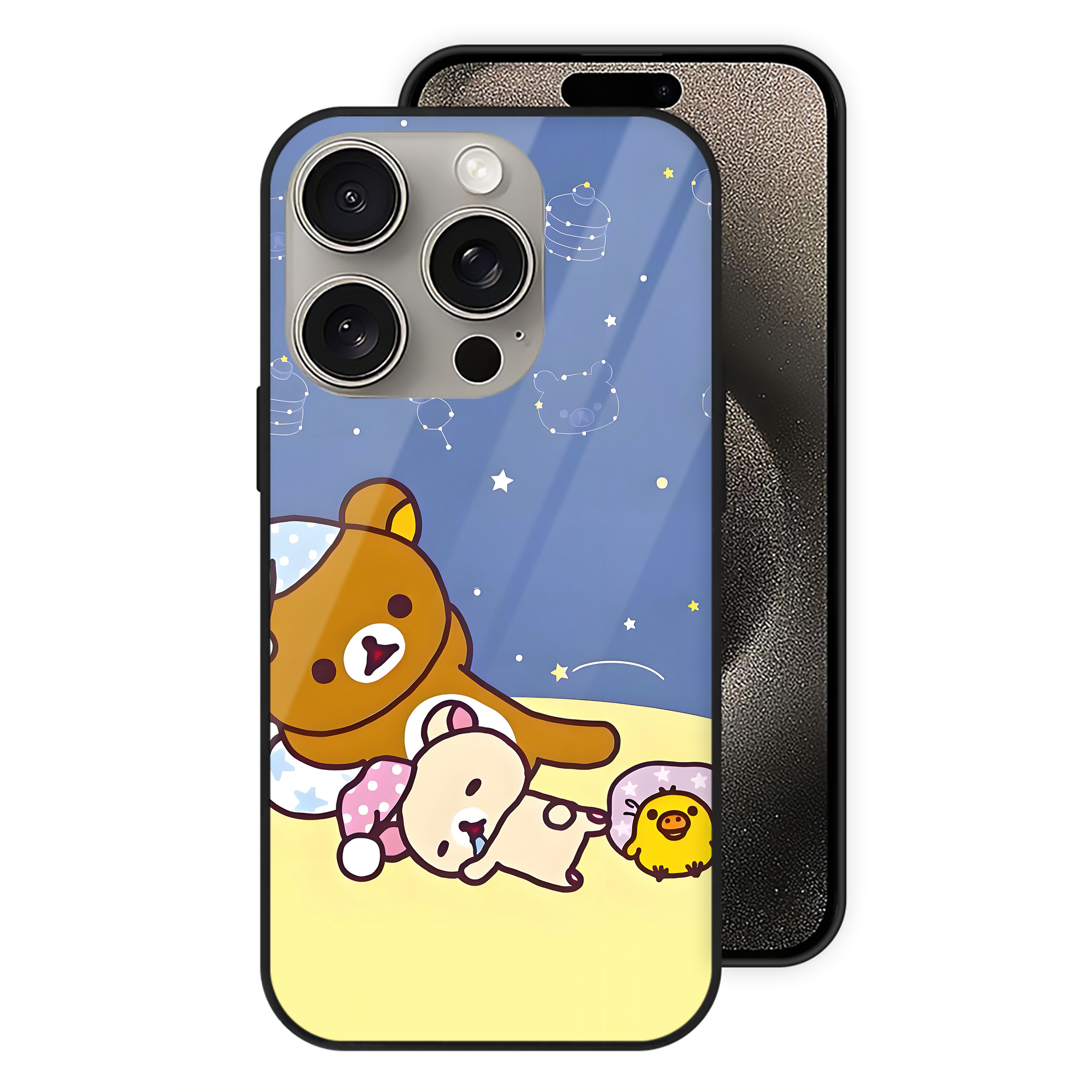 （画像用） リラックマ リラックマ キイロイトリ Rilakkuma Korilakkuma Kiiroitori 【iPhone15Pro対応】スマホケース 耐衝撃＆黄変防止 背面ガラス