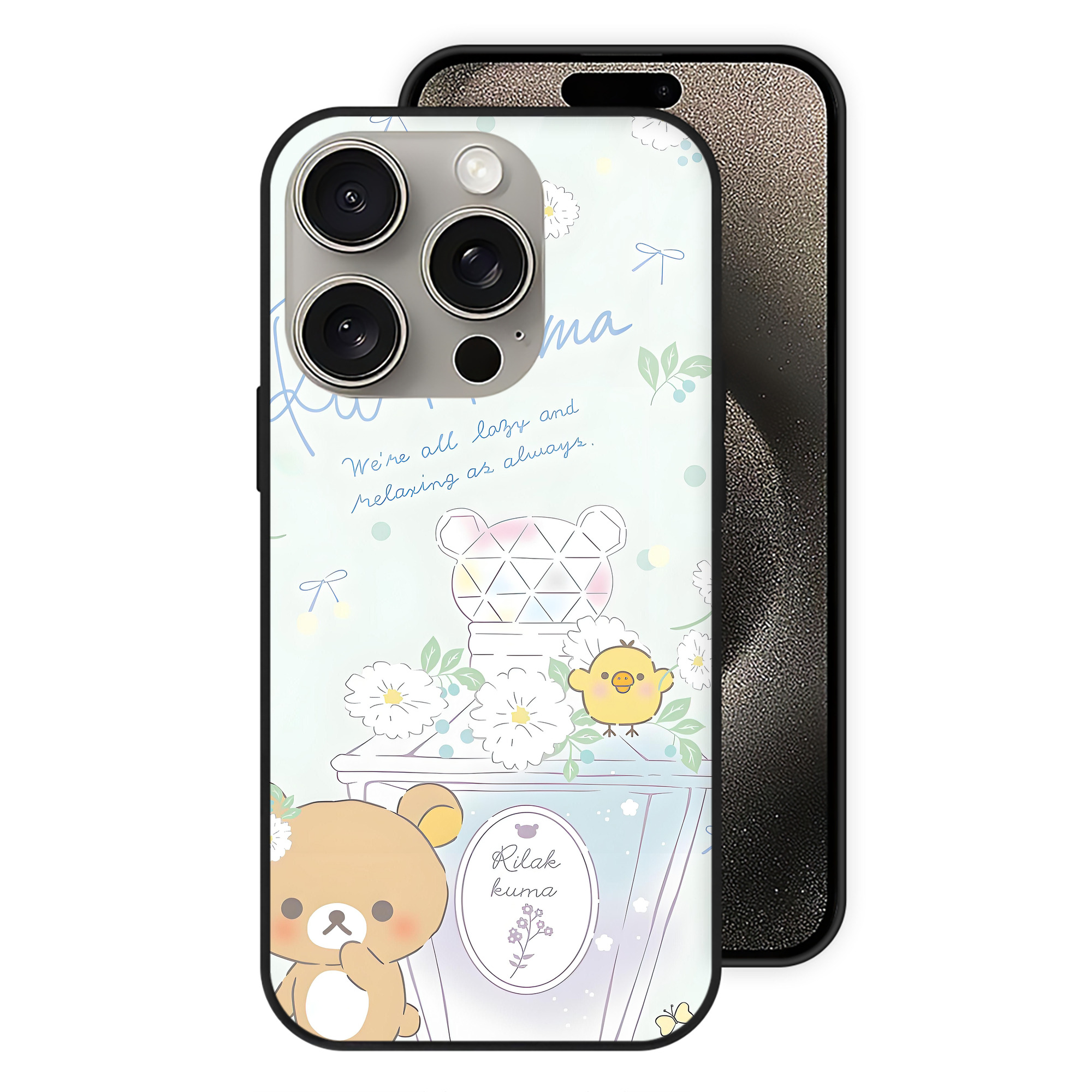 （画像用） リラックマ リラックマ キイロイトリ Rilakkuma Korilakkuma Kiiroitori 【iPhone15Pro対応】スマホケース 耐衝撃＆黄変防止 背面ガラス