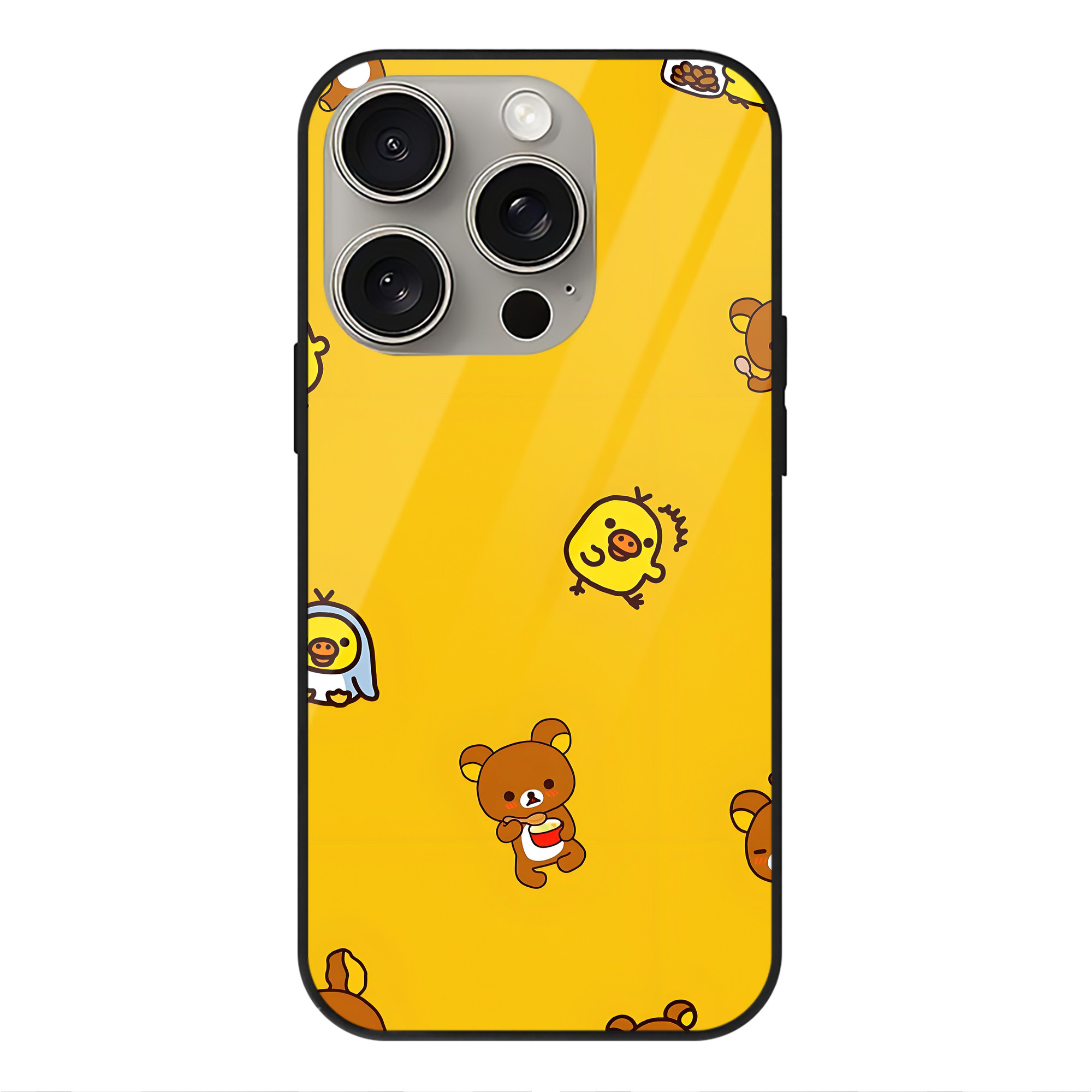 （画像用） リラックマ リラックマ キイロイトリ Rilakkuma Korilakkuma Kiiroitori 【iPhone15Pro対応】スマホケース 耐衝撃＆黄変防止 背面ガラス