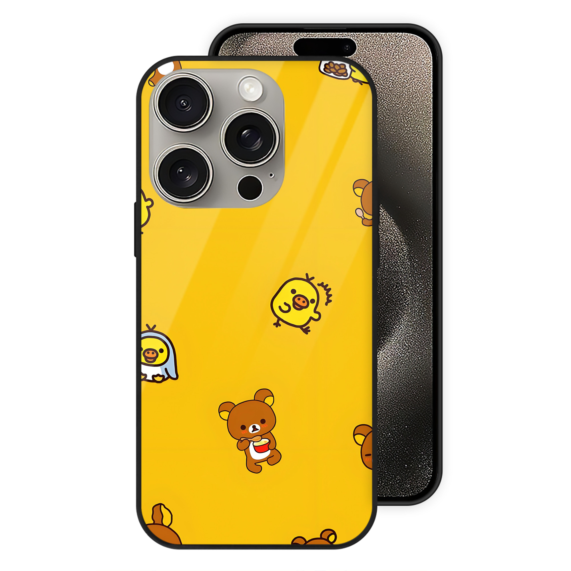（画像用） リラックマ リラックマ キイロイトリ Rilakkuma Korilakkuma Kiiroitori 【iPhone15Pro対応】スマホケース 耐衝撃＆黄変防止 背面ガラス