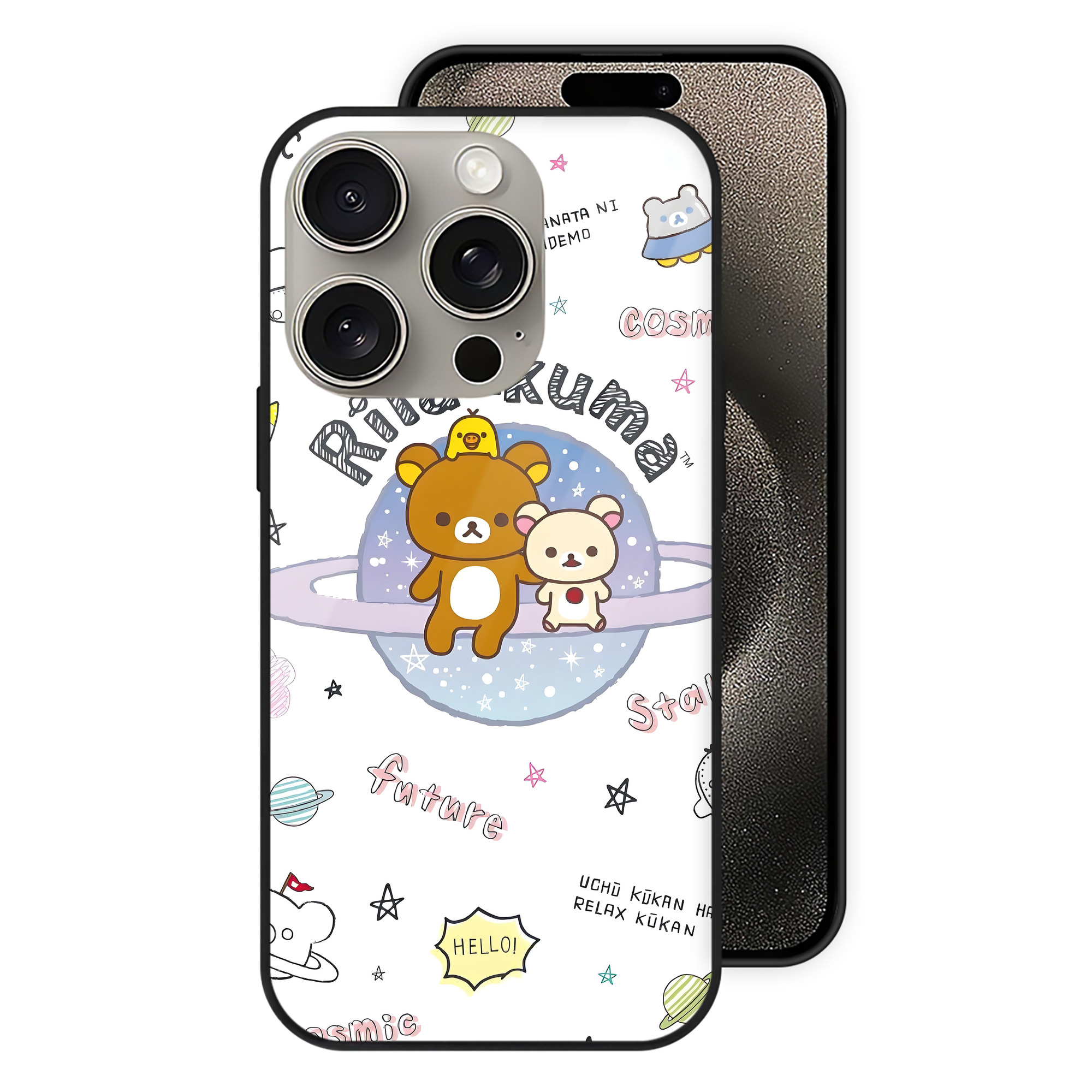 （画像用） リラックマ リラックマ キイロイトリ Rilakkuma Korilakkuma Kiiroitori 【iPhone15Pro対応】スマホケース 耐衝撃＆黄変防止 背面ガラス