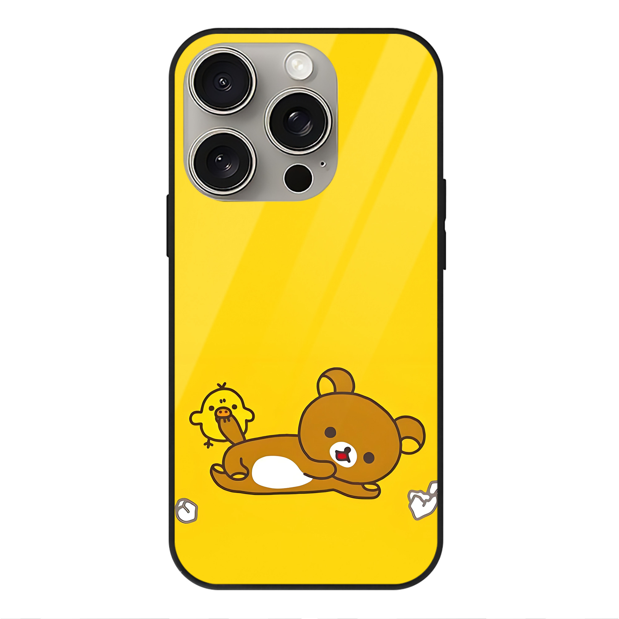 （画像用） リラックマ リラックマ キイロイトリ Rilakkuma Korilakkuma Kiiroitori 【iPhone15Pro対応】スマホケース 耐衝撃＆黄変防止 背面ガラス