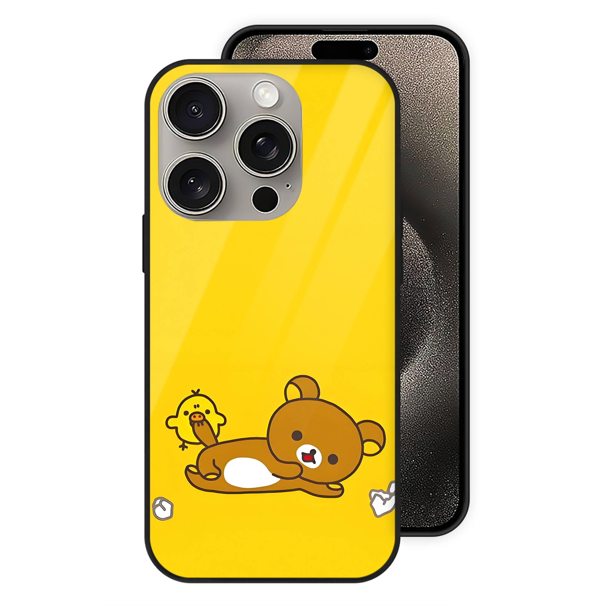 （画像用） リラックマ リラックマ キイロイトリ Rilakkuma Korilakkuma Kiiroitori 【iPhone15Pro対応】スマホケース 耐衝撃＆黄変防止 背面ガラス