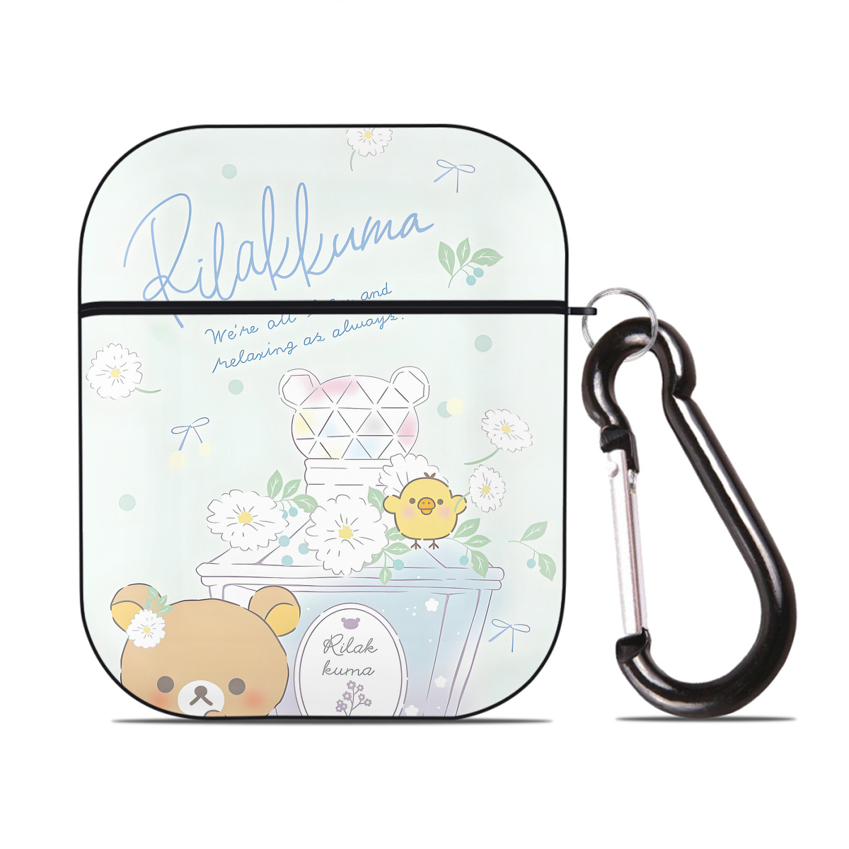 （画像用） リラックマ リラックマ キイロイトリ Rilakkuma Korilakkuma Kiiroitori AirPods 第2世代保護ケース ハードシェル ブラック 耐衝撃・防指紋・カラビナ付き
