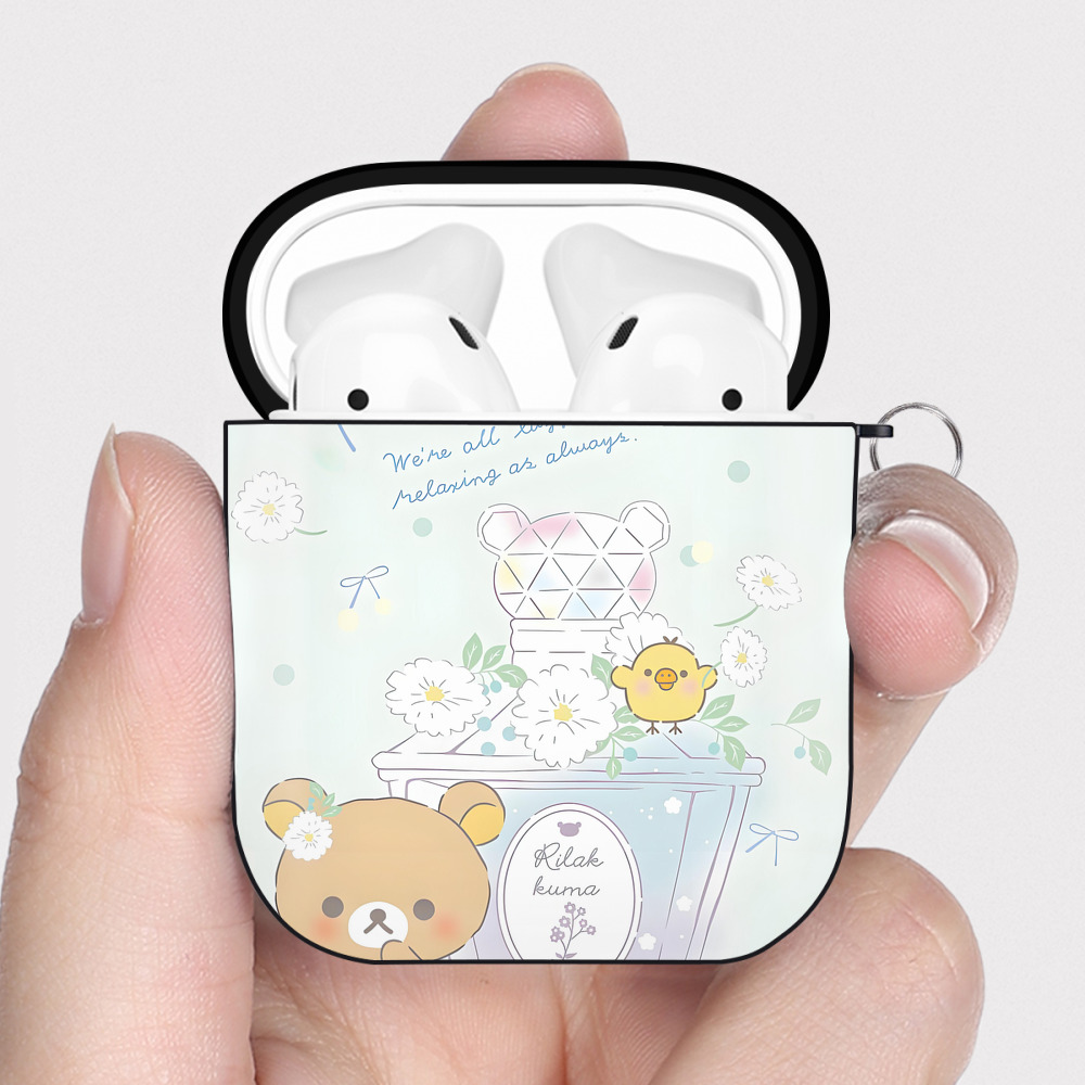 （画像用） リラックマ リラックマ キイロイトリ Rilakkuma Korilakkuma Kiiroitori AirPods 第2世代保護ケース ハードシェル ブラック 耐衝撃・防指紋・カラビナ付き