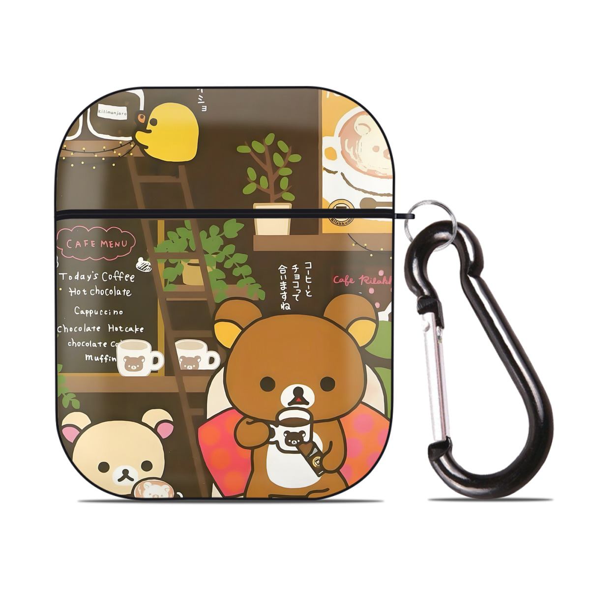 （画像用） リラックマ リラックマ キイロイトリ Rilakkuma Korilakkuma Kiiroitori AirPods 第2世代保護ケース ハードシェル ブラック 耐衝撃・防指紋・カラビナ付き