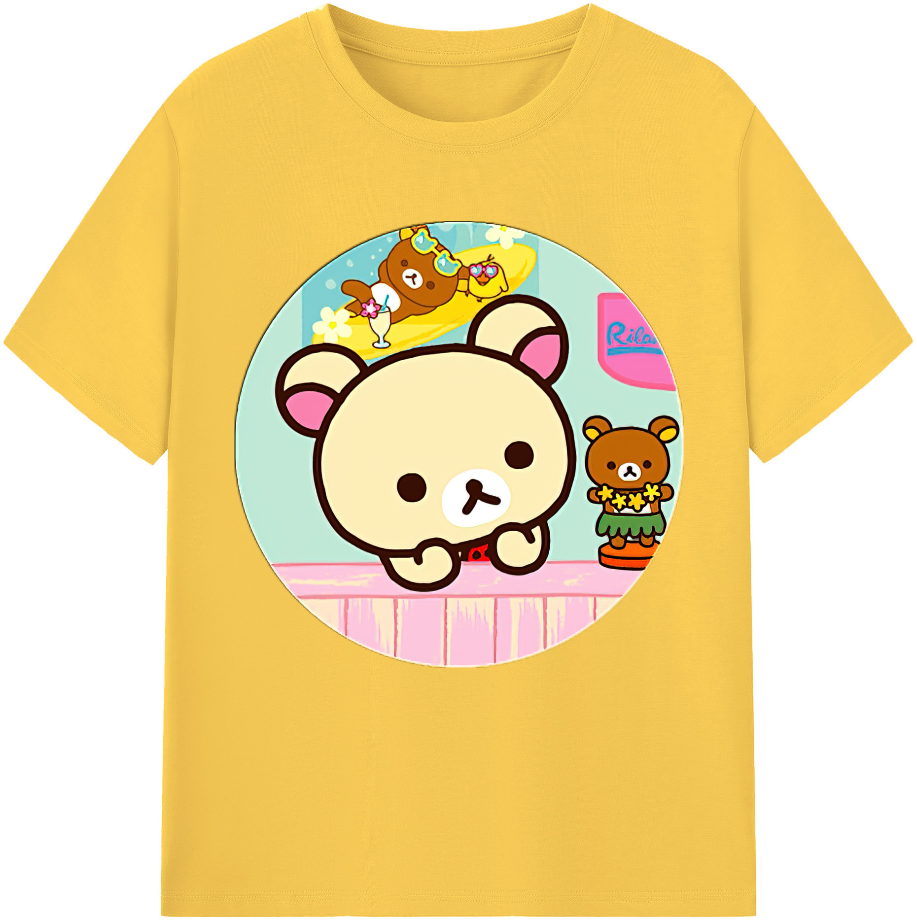 （画像用） リラックマ リラックマ キイロイトリ Rilakkuma Korilakkuma Kiiroitori 綿100％半袖Tシャツ（フロントプリント）