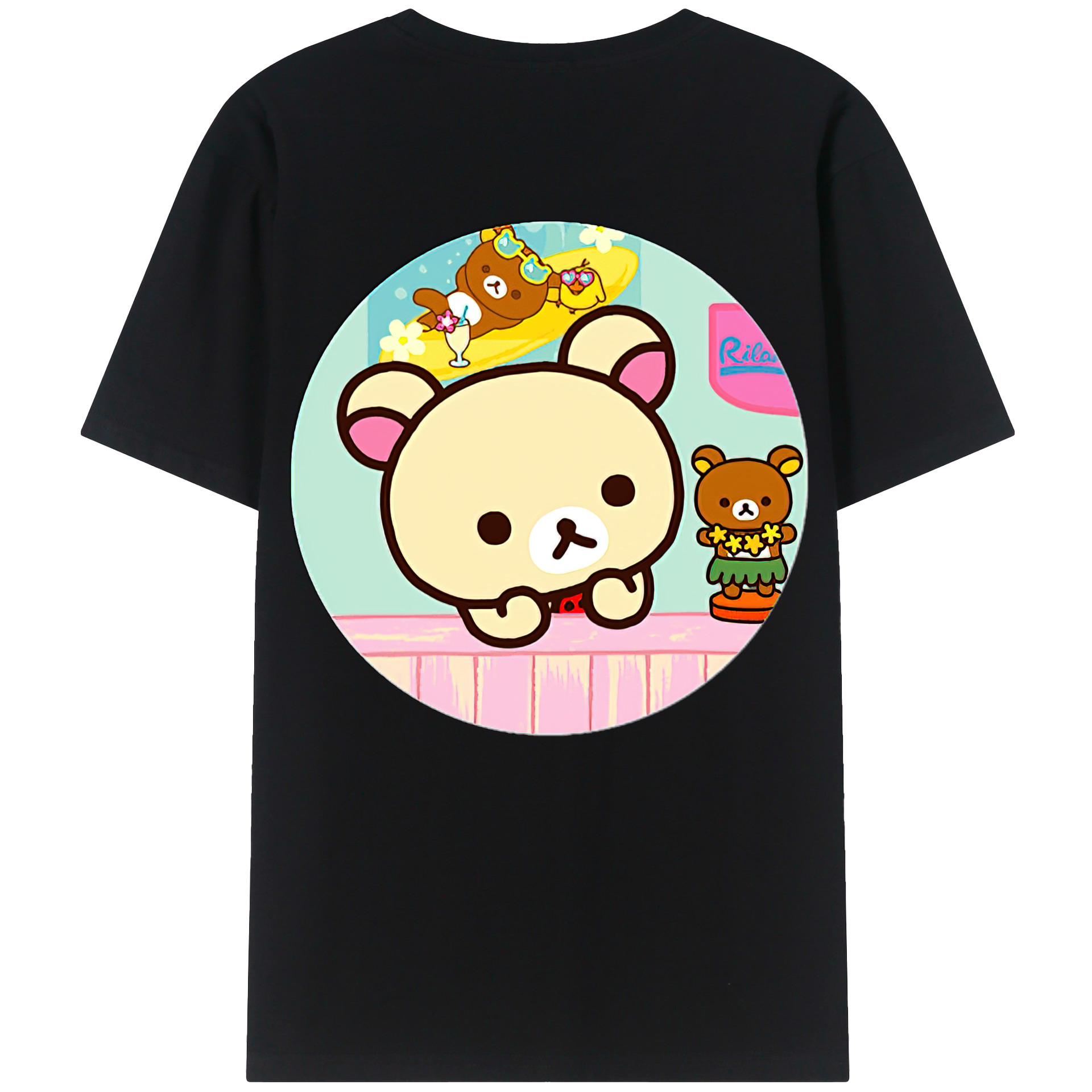 （画像用） リラックマ リラックマ キイロイトリ Rilakkuma Korilakkuma Kiiroitori 綿100％半袖Tシャツ（背面プリント）