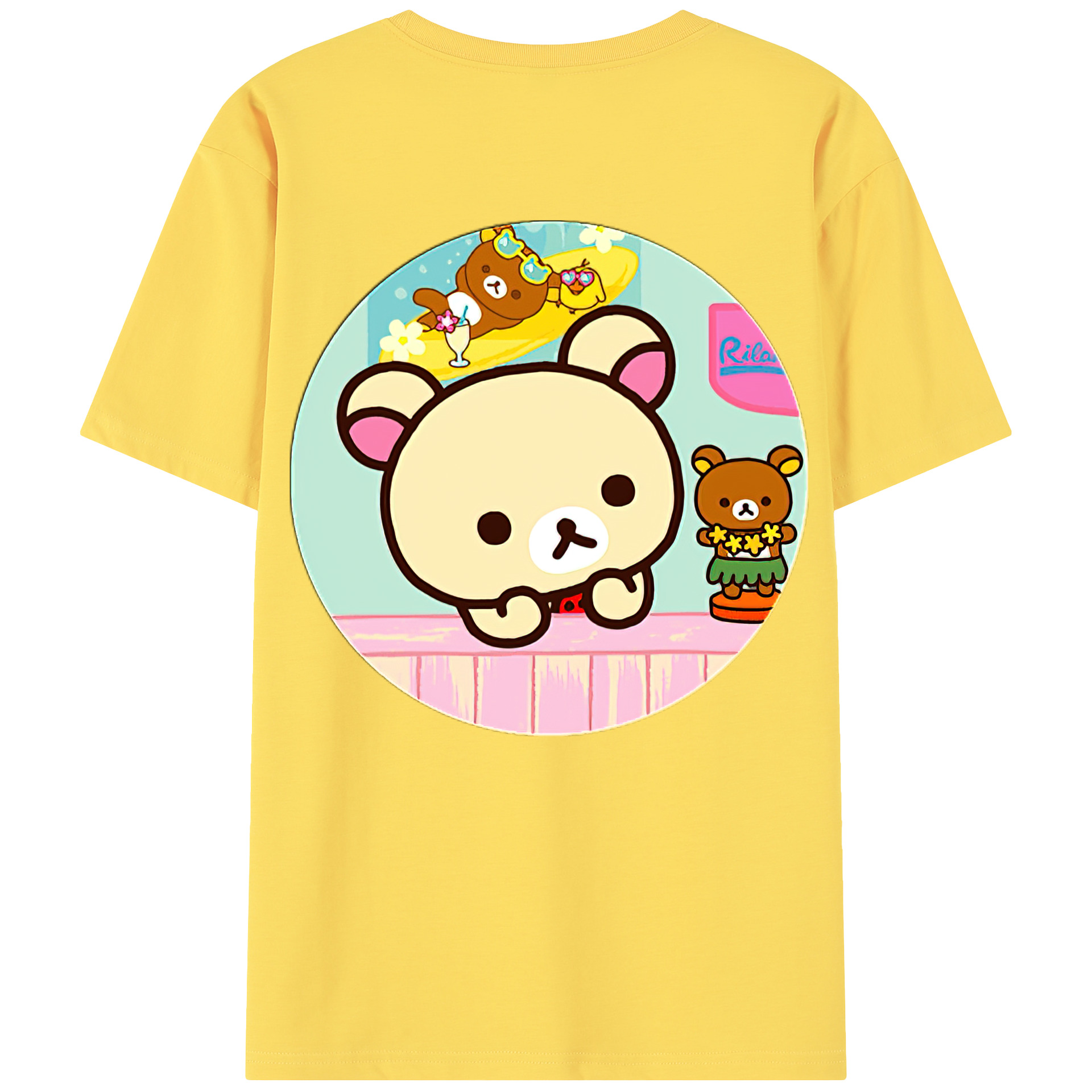 （画像用） リラックマ リラックマ キイロイトリ Rilakkuma Korilakkuma Kiiroitori 綿100％半袖Tシャツ（背面プリント）